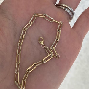 14k Gold Natural Diamond Graduated Pavé Paper Clip Link Bracelet | Chain Bracelet , Gifting Bracelet, Minimalist Bracelet, Dainty Bracelet