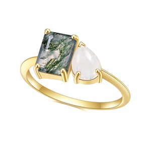 Toi Et Moi Ring Dubbele Steen Verlovingsring Moss Agaat, 2 Stenen Trouwring Ring Pear Moonstone Ring, Art Deco Zilveren Ring Promise Ring