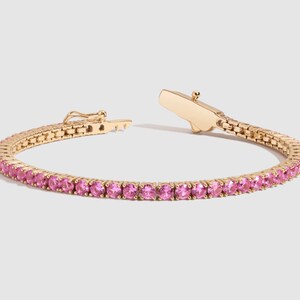 14K Gold Plated pink sapphire 4mm Round tennis bracelet / pink sapphire birthstone bracelet / everyday gemstone jewelry / best friend gift