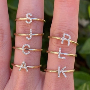 Anillo inicial de diamantes de oro de 14k, anillo de diamantes personalizado, anillo de diamantes personalizado, anillo inicial de oro, regalo de cumpleaños, regalo para mamá, hecho a mano