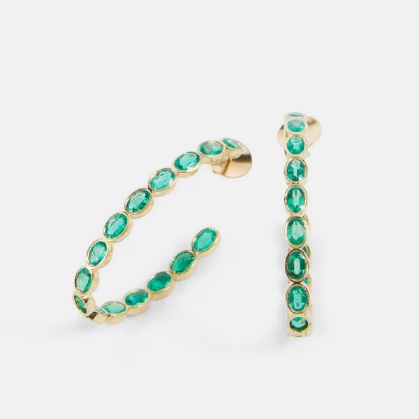 Real emerald oval shape hoops earrings gold | Natural 5x3MM 8-9CTW oval emerald hoops earrings gold | Emerald cut emerald hoop earrings gold