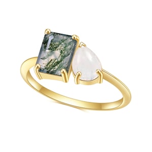 Toi Et Moi Ring Double Stone Engagement Moss Agate Ring, 2 Stone Wedding Ring Ring Pear Moonstone Ring, Art Deco Silver Ring Promise Ring