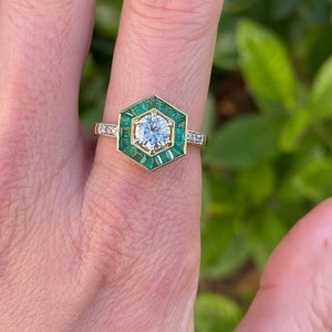 Natural Hexagon Emerald ring, Diamond engagement ring with halo setting | 18k gold Band with Natural Emerald and Diamond | Purpose Ring