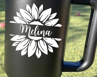 Custom Personalized Name Floral Sun Flower Vinyl Decal for Stanley tumbler Slm Hydroflask Yeti Gift Idea Car Decal Laptop Mirror Window