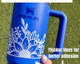 Decal for Stanley & other tumblers 5 inch floral white holographic Flowers Sticker Vinyl for Owala Tumblers Hydroflask Yeti Slm
