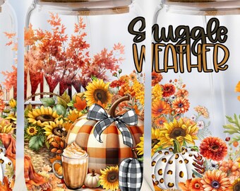 Cozy Fall Libbey Glass Can Wrap Autumn Season Floral Glass Bottle Wrap Sublimation PNG Digital Download Design