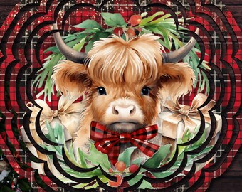 May include: A circular hanging wind spinner featuring a Highland cow with a red and black plaid bow, surrounded by green holly leaves and gift boxes. The background pattern is a red and black plaid design with a scalloped, glittery edge.