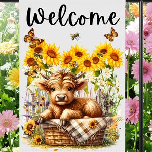 Bonita bandera de jardín de bienvenida de vaca Highlander PNG 12x18, bandera de jardín de verano de vaca bebé, pancarta floral para casa, archivo de descarga digital imprimible
