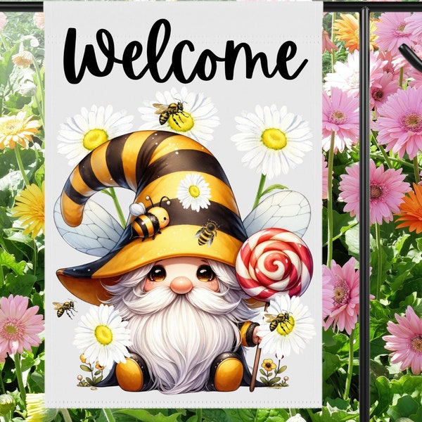 Bumble Bee Gnome Welcome Flag PNG 12x18 Garden Flag Digital Design Download