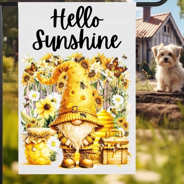 Hello Sunshine Honey Bee Gnome Garden Flag PNG 12x18 Outdoor Flag Digital Download Design