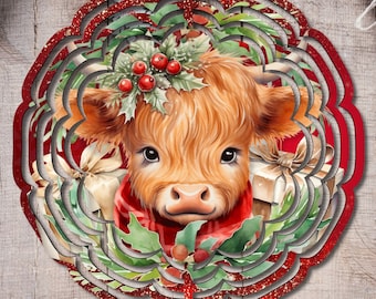 May include: A circular metal wind spinner ornament featuring a fluffy Highland cow wearing a red scarf, surrounded by green holly leaves with red berries and gift boxes. The outer edge has a scalloped design with a red glittery finish.