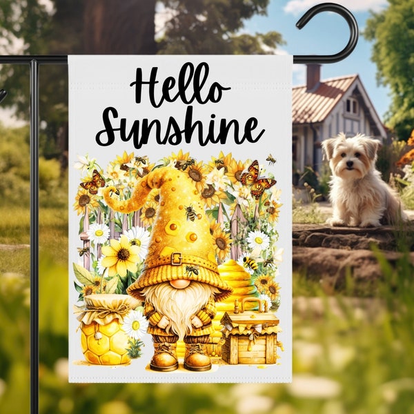 Hello Sunshine Honey Bee Gnome Garden Flag PNG 12x18 Outdoor Flag Digital Download Design