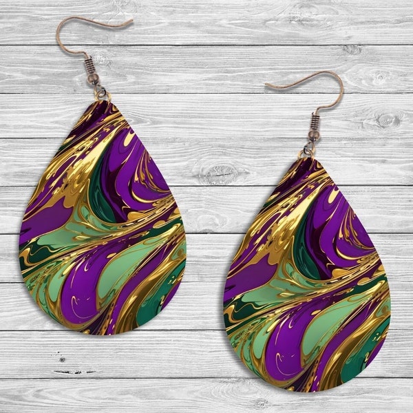 Mardi Gras Green Purple Gold Marble Tear Drop Earring Sublimation PNG Printable Digital Download