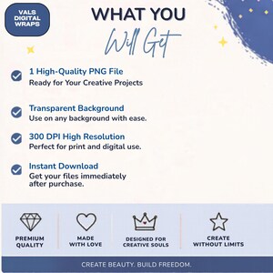 May include: A digital product information graphic titled WHAT YOU Will Get, featuring VALS DIGITAL WRAPS branding. It lists features including a high-quality PNG file, transparent background, 300 DPI resolution, and instant download, with icons.