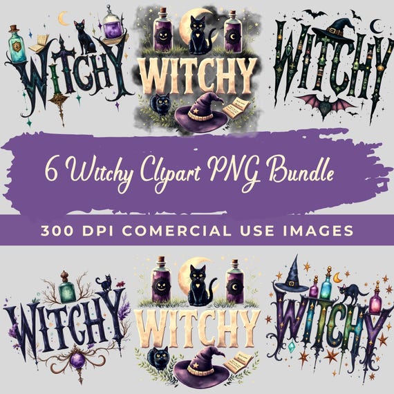 Witchy Halloween Clipart Bundle, Gothic Witch PNG, Witchcraft Clipart, Dark Feminine Mystical Sublimation Design Typography Digital Download