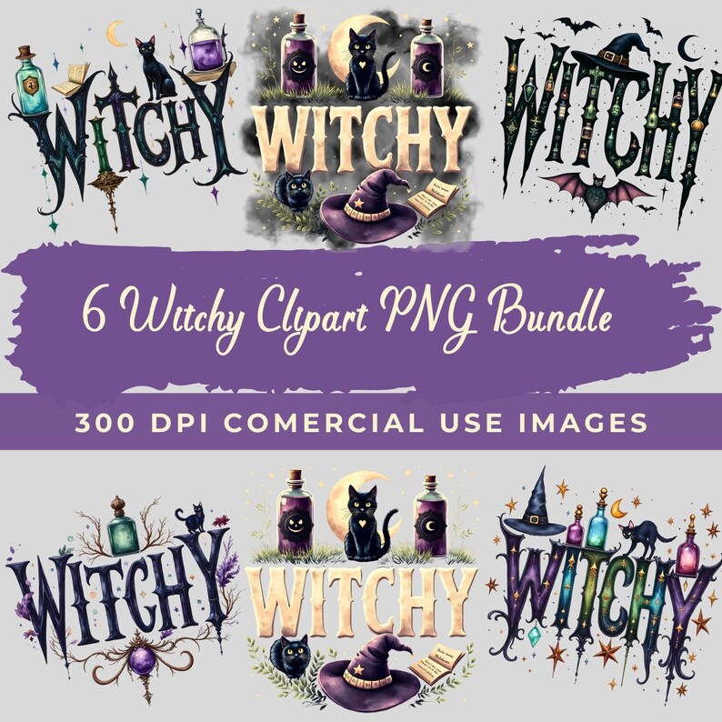 Witchy Halloween Clipart Bundle, Gothic Witch PNG, Witchcraft Clipart, Dark Feminine Mystical Sublimation Design Typography Digital Download