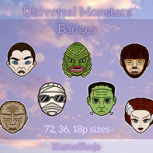 Può includere: Sette badge colorati a forma di testa di mostro di cartone animato in diverse dimensioni, tra cui 72, 36 e 18 pixel. I mostri includono Dracula, la Creatura della Laguna Nera, l'Uomo Lupo, la Mummia, Frankenstein e la Sposa di Frankenstein. Il testo "Universal Monsters Badges" e "KumoShojo" è incluso.