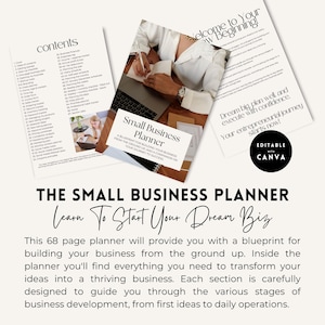 May include: A pink and white planner with the text "Small Business Planner" and "Learn To Start Your Dream Biz". The planner is a 68-page guide for building a business from the ground up.