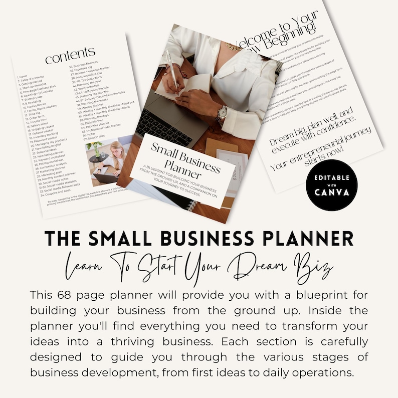 May include: A pink and white planner with the text "Small Business Planner" and "Learn To Start Your Dream Biz". The planner is a 68-page guide for building a business from the ground up.