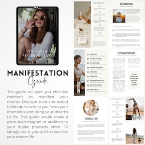 May include: A digital guide titled "The Art of Manifestation: A Guide to Creating Your Dream Life" with a woman in sunglasses on the cover. The guide includes chapters on the law of attraction, setting intentions, visualizing your dreams, affirmations, taking action, overcoming limiting beliefs, manifesting abundance, and manifesting love.