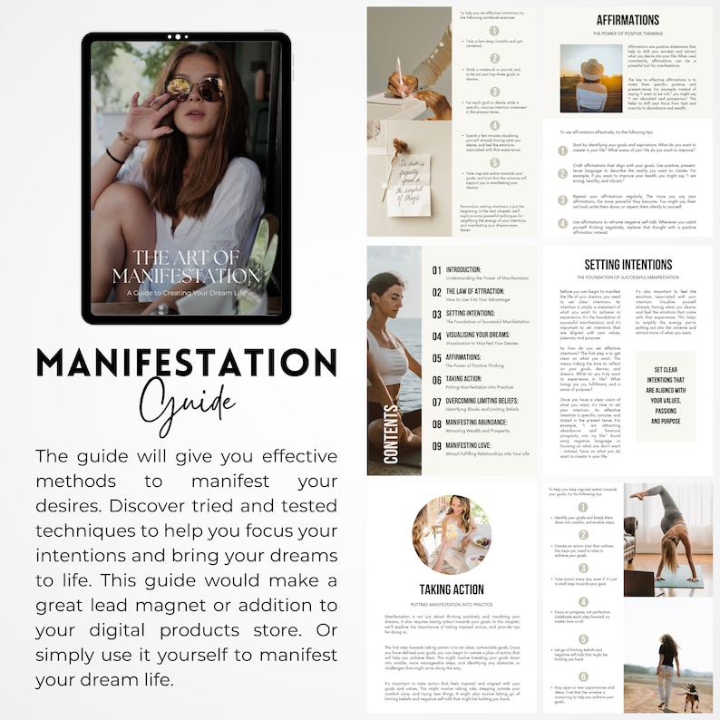 May include: A digital guide titled "The Art of Manifestation: A Guide to Creating Your Dream Life" with a woman in sunglasses on the cover. The guide includes chapters on the law of attraction, setting intentions, visualizing your dreams, affirmations, taking action, overcoming limiting beliefs, manifesting abundance, and manifesting love.
