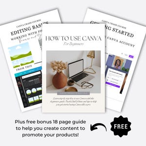 May include: Three digital product covers for a Canva crash course. The covers are white with black text and feature images of a laptop, a landscape, and a woman. The text on the covers reads "Editing Basics", "How to Use Canva", and "Getting Started".