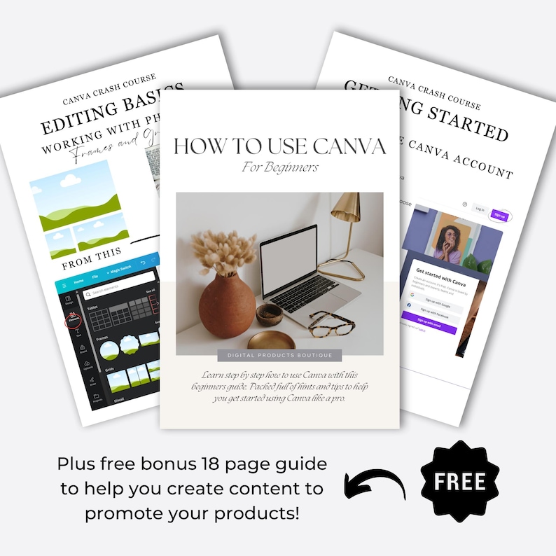 May include: Three digital product covers for a Canva crash course. The covers are white with black text and feature images of a laptop, a landscape, and a woman. The text on the covers reads "Editing Basics", "How to Use Canva", and "Getting Started".