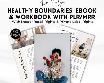 May include: A digital product cover featuring a woman holding a bouquet of red roses. The cover text reads "Healthy Boundaries: How to Say No Without Feeling Guilty". The product is an ebook and workbook with master resell rights and private label rights.