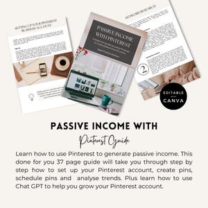 Może przedstawiać: Przewodnik po generowaniu pasywnego dochodu za pomocą platformy Pinterest. Przewodnik zawiera 37 stron i informacje o tym, jak skonfigurować konto na Pintereście, tworzyć piny, planować piny, analizować trendy i korzystać z Chat GPT, aby rozwijać swoje konto na Pintereście.