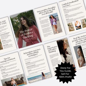 May include: A collection of guides on positive thinking, featuring images of women and text. The main guide is titled "The Power of Positive Thinking." Other guides cover topics like relaxation, health, and real-life stories.