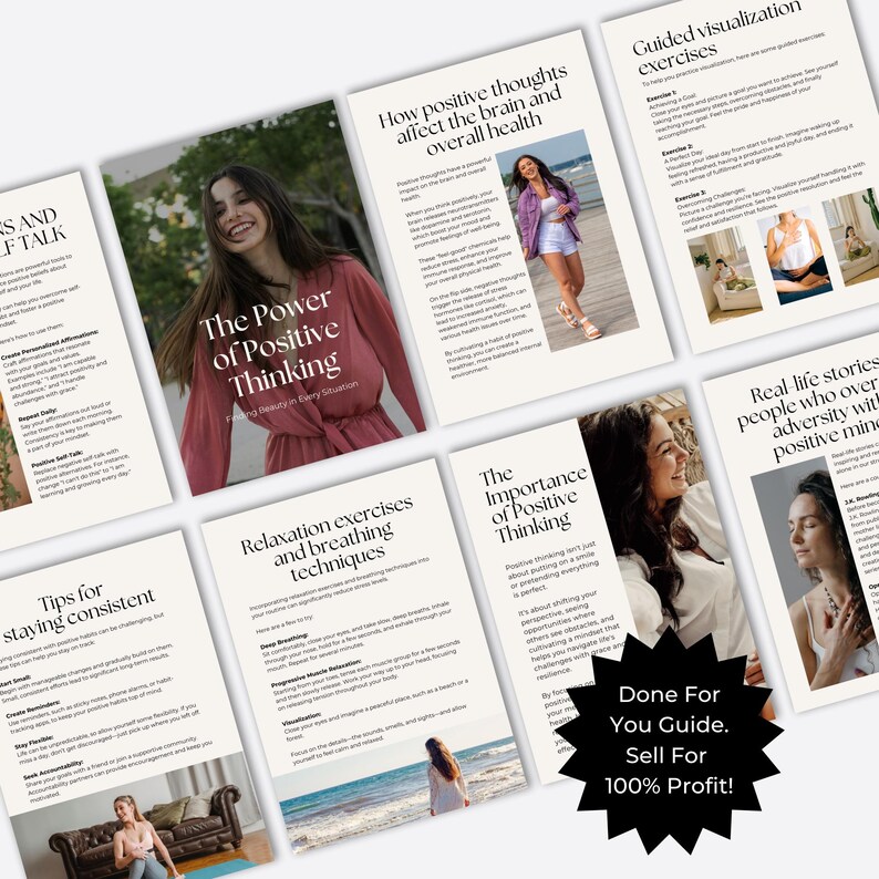 May include: A collection of guides on positive thinking, featuring images of women and text. The main guide is titled "The Power of Positive Thinking." Other guides cover topics like relaxation, health, and real-life stories.