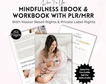 Op de afbeelding: Een roze en wit digitaal e-book en werkboek met de titel "Mindfulness Ebook & Workbook" en de tekst "Done For You Guide. Sell For 100% Profit!"  Het e-book en het werkboek zijn ontworpen om mensen te helpen mindfulness te beoefenen.