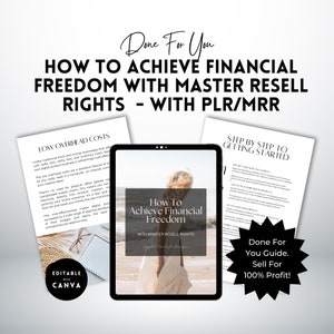 Op de afbeelding: Een digitale productgids met de titel "Hoe financiële vrijheid te bereiken met Master Resell Rights" op een tabletscherm. De gids is geplaatst tegen een strandachtergrond met een vrouw in een witte jurk die over het zand loopt. De tekst "Klaar voor u. Verkopen voor 100% winst!" staat in een zwarte stervorm.
