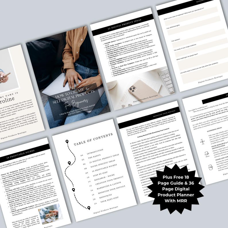 May include: A black and white guide with the title "How to Create & Sell Digital Products for Beginners" and a table of contents with headings like "Introduction", "The Basics", "25 Digital Product Ideas", "Niche Specific Ideas", "Profitable Niches", "Step by Step", "Research Your Niche", "Creation to Product", "Marketing & Launch", "Monetize Your Socials", "Resources", "Your Next Step".