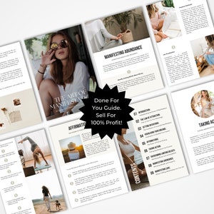 May include: A guide to manifesting abundance, featuring a woman in a white shirt and sunglasses. The guide includes chapters on the law of attraction, setting intentions, visualizing your dreams, affirmations, taking action, overcoming limiting beliefs, manifesting abundance, and manifesting love.