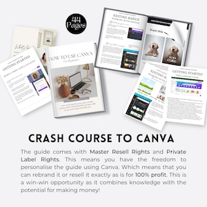 May include: A digital product mockup showing a crash course to Canva. The course includes 44 pages and covers topics like getting started, editing basics, working with photos, and creating landing pages. The text "Crash Course to Canva" is in bold, white letters on a black background.
