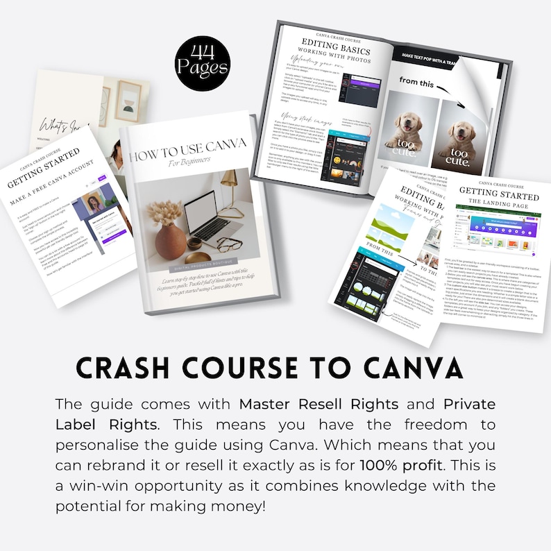 May include: A digital product mockup showing a crash course to Canva. The course includes 44 pages and covers topics like getting started, editing basics, working with photos, and creating landing pages. The text "Crash Course to Canva" is in bold, white letters on a black background.