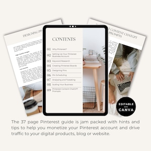 Może przedstawiać: Tablet wyświetlający spis treści 37-stronicowego przewodnika po Pinterest. Przewodnik nosi tytuł "Pinterest Content ChatCPT Prompts" i zawiera takie tematy jak "Dlaczego Pinterest?", "Utworzenie konta biznesowego na Pinterest" i "Badanie sł&oacute;w kluczowych". Przewodnik ma pom&oacute;c użytkownikom w zmonetyzowaniu ich konta na Pinterest i zwiększeniu ruchu na ich produkty cyfrowe, bloga lub stronę internetową.
