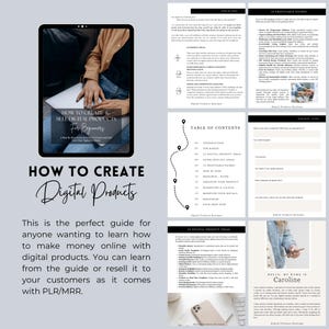 May include: A digital guide with a pink and white background, titled "How to Create & Sell Digital Products for Beginners." The guide includes a table of contents, a list of profitable niches, and a section on digital product ideas. The guide is designed to help people learn how to create and sell digital products online.