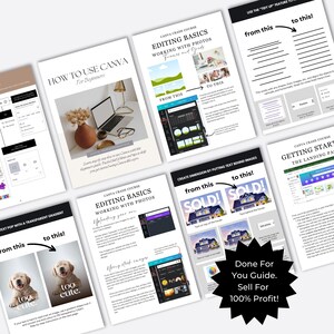 May include: A digital product guide for learning how to use Canva. The guide includes several pages with instructions and examples of how to use Canva's editing features. The guide is titled "Canva Crash Course: Editing Basics Working with Photos".