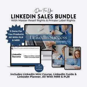Puede incluir: Un paquete de marketing digital con el texto "LinkedIn Sales Bundle" y "LinkedIn Success" en varios dispositivos. Incluye un mini-curso, una guía y un planificador. La imagen también incluye el texto "Done For You" y "Editable Canva".