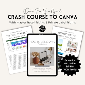May include: A digital tablet displaying a course on how to use Canva for beginners. The course is titled "How to Use Canva for Beginners" and includes a step-by-step guide to using the software. The tablet is sitting on a table with a brown vase and a lamp.