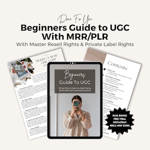 May include: A digital tablet displaying a 30-day plan to help you make money online with user-generated content. The title of the plan is "Beginners Guide To UGC". The tablet is on a white surface with a white background. The text "Contents" is visible on the right side of the tablet.