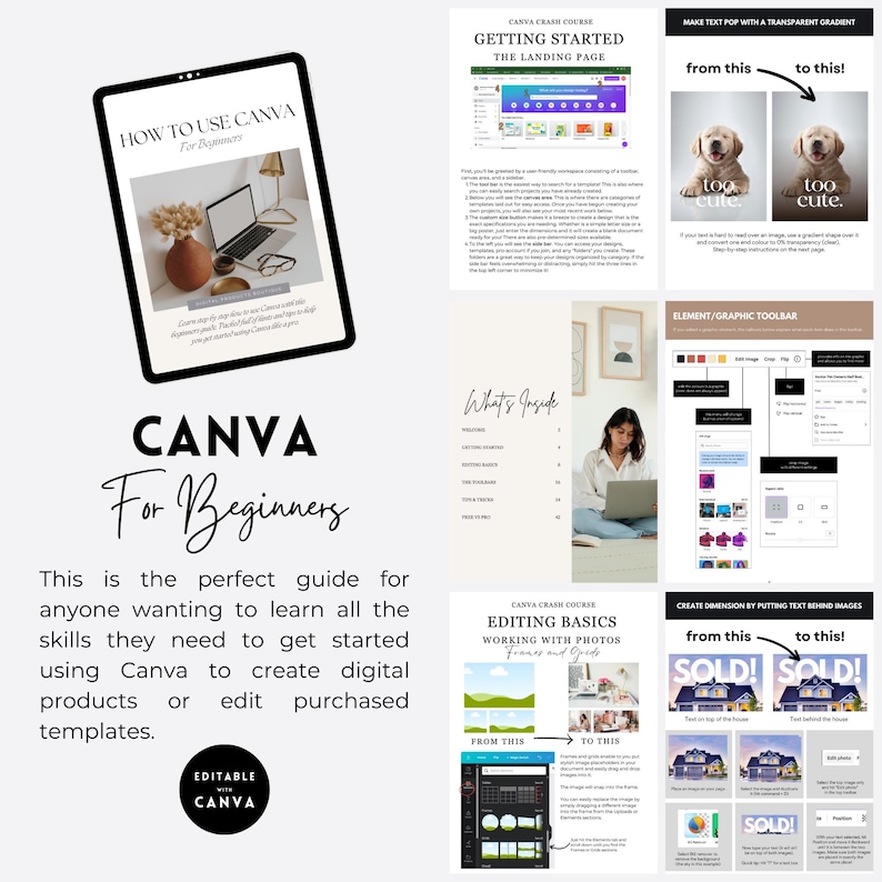 May include: A digital guide for beginners on how to use Canva to create digital products or edit purchased templates. The guide includes sections on getting started, editing basics, working with photos, frames and grids, and creating dimension by putting text behind images. The guide also includes a section on how to make text pop with a transparent gradient.