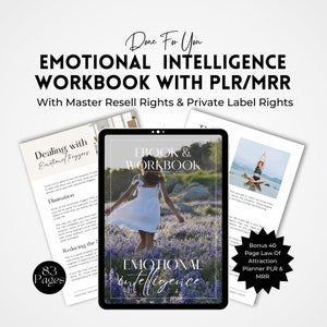 Puede incluir: Un libro electrónico y un cuaderno de trabajo titulado "Emotional Intelligence" con Master Resell Rights y Private Label Rights. La portada presenta a una mujer con un vestido blanco en un campo de flores moradas. Páginas adicionales.