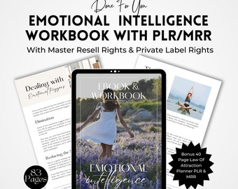 May include: An ebook and workbook titled "Emotional Intelligence" with Master Resell Rights and Private Label Rights. The cover features a woman in a white dress in a field of purple flowers. Additional pages detail emotional triggers, elimination, and reducing stress.