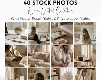 Neutral Stock Photos Bundle. 40 Beige Work From Home Lifestyle Images with PLR MRR.