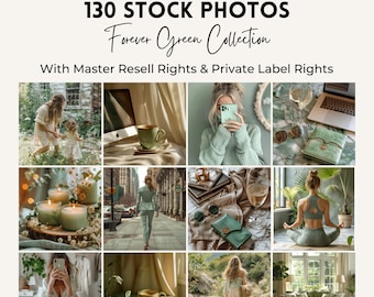 130 Faceless Marketing Stock Photo Bundle | Master Resell Rights | Work from Home | Green Aesthetic Styled Lifestyle Images | Done For You