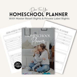 May include: A homeschool planner with a photo of a mother and daughter hugging. The planner has a gray cover with the text "Homeschool Planner" in white. The planner includes an assignment tracker and a lesson planner.