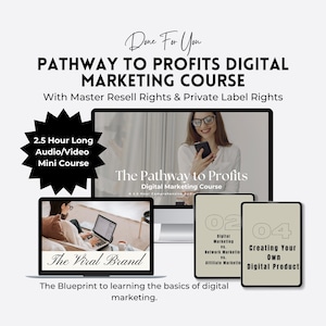 May include: A digital marketing course titled "Pathway to Profits Digital Marketing Course" with master resell rights and private label rights. The course includes a 2.5 hour long audio/video mini course, a digital marketing course titled "The Pathway to Profits", and two additional courses titled "Digital Marketing vs. Network Marketing vs. Affiliate Marketing" and "Creating Your Own Digital Product".